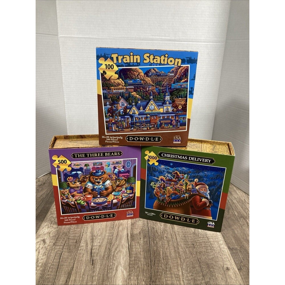 Lot of 3 Dowdle Puzzles Train Station Three Bears & Christmas Delivery 100-1000